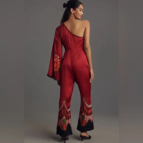 Anthropologie x Farm Rio One-Shoulder Printed Satin Rose Jumpsuit